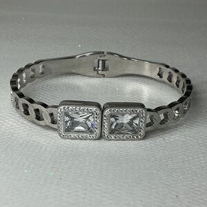 Stainless Steel CZ Station link Hinged Bracelet